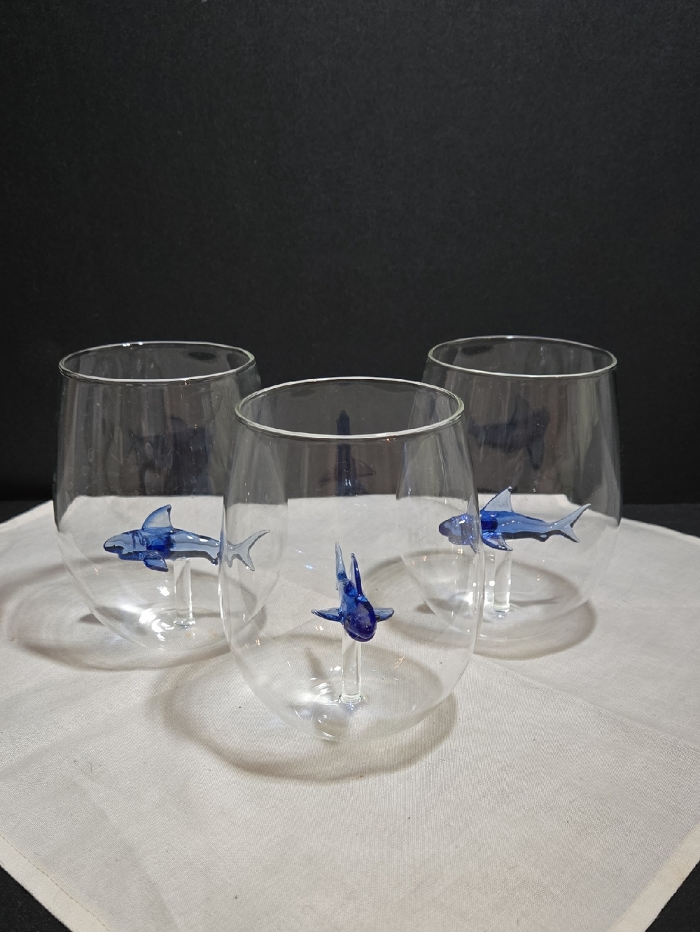 Blue Shark Stemless Wine Glasses Set Of Three